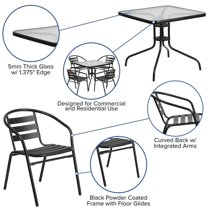 Bowery Hill 5 Piece Metal/Glass Square Patio Dining Set in Black