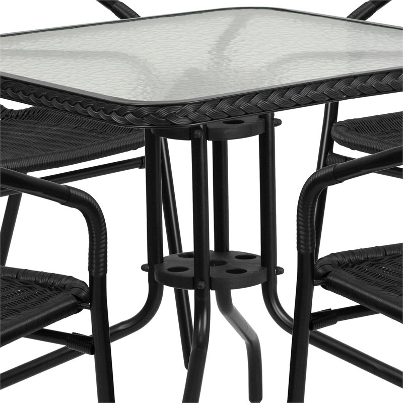 Bowery Hill 5 Piece Rattan/Glass Square Patio Dining Set in Black