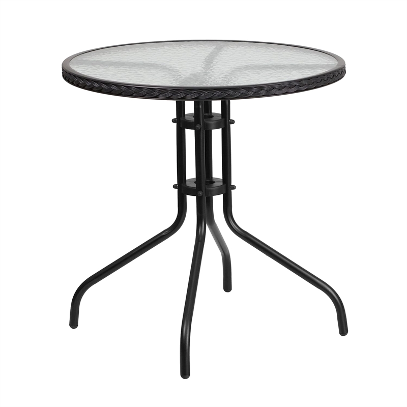 Bowery Hill Glass/Rattan Round Top Patio Dining Table in Black