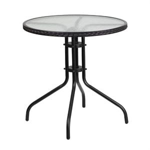 Bowery Hill Glass/Rattan Round Top Patio Dining Table in Black