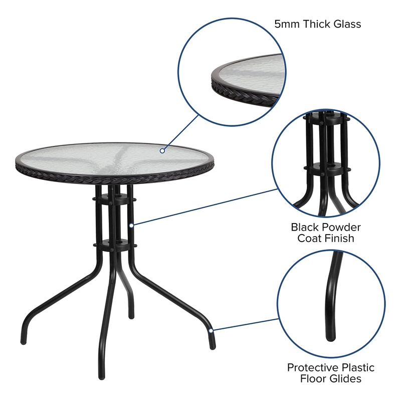Bowery Hill Glass/Rattan Round Top Patio Dining Table in Black