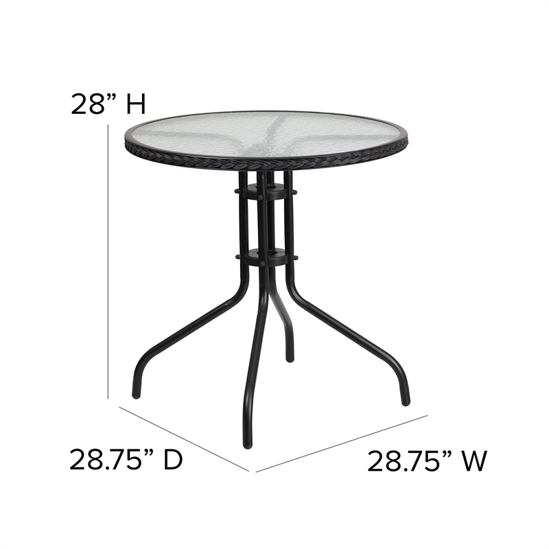 Bowery Hill Glass/Rattan Round Top Patio Dining Table in Black