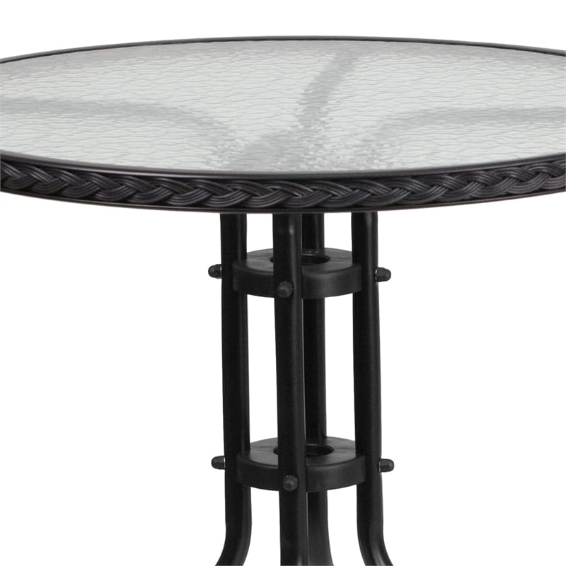 Bowery Hill Glass/Rattan Round Top Patio Dining Table in Black