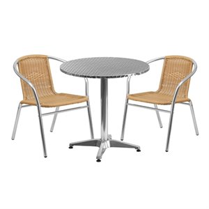 bowery hill 3 piece round patio dining set in aluminum and beige