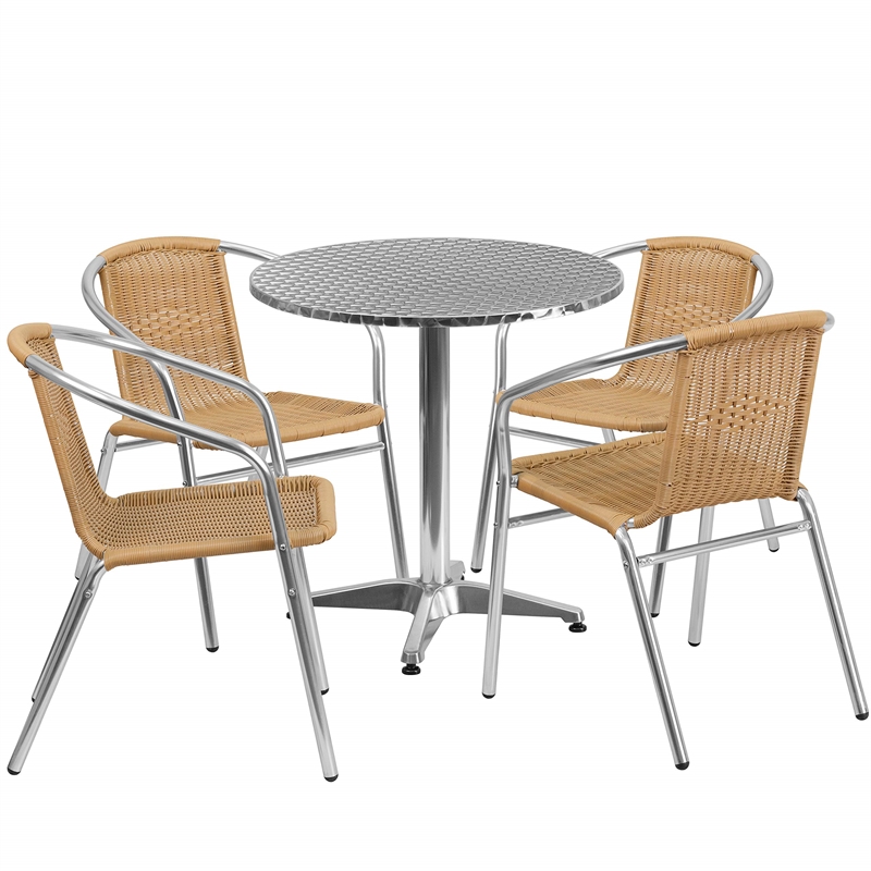Bowery Hill 5 Piece Round Patio Dining Set in Aluminum and Beige