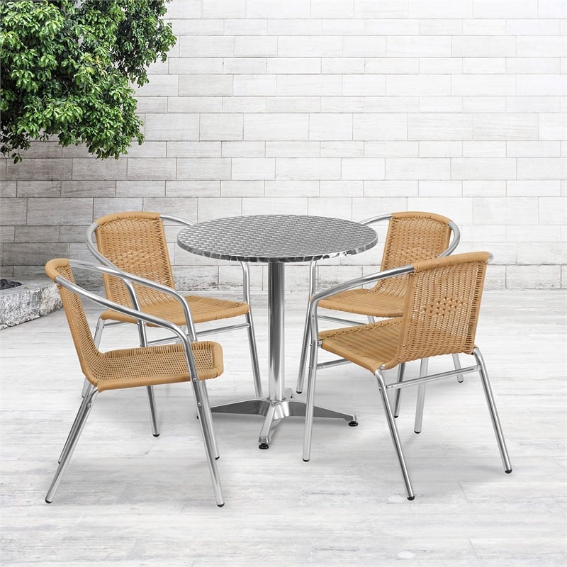 Bowery Hill 5 Piece Round Patio Dining Set in Aluminum and Beige