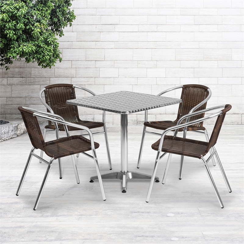 Bowery Hill 5 Piece Square Patio Dining Set in Aluminum and Brown