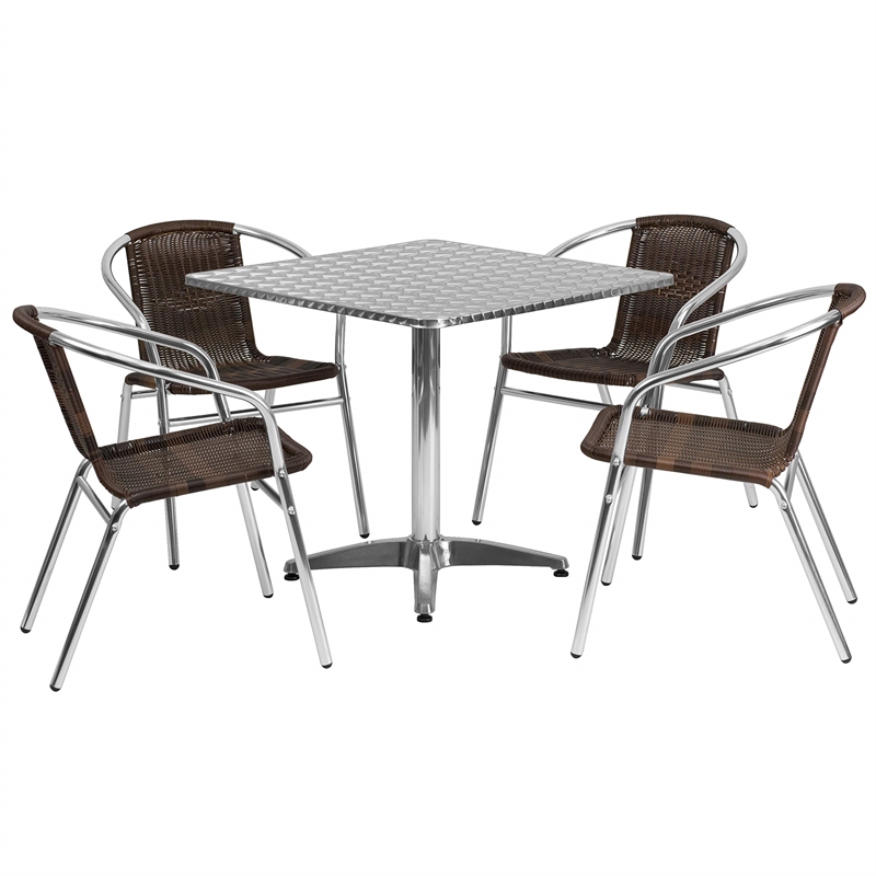 Bowery Hill 5 Piece Square Patio Dining Set in Aluminum and Brown