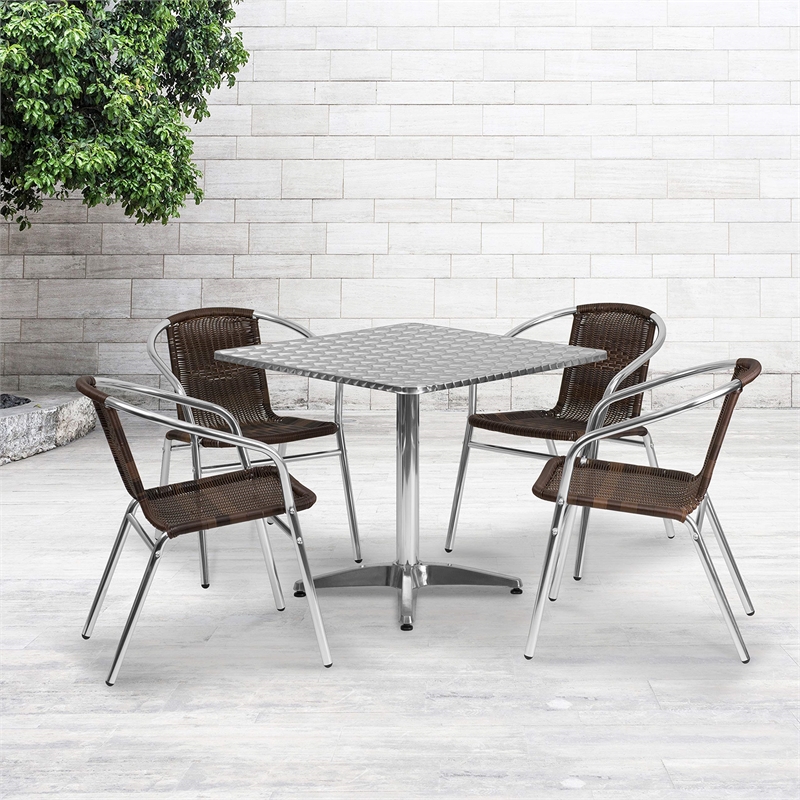 Bowery Hill 5 Piece Square Patio Dining Set in Aluminum and Brown