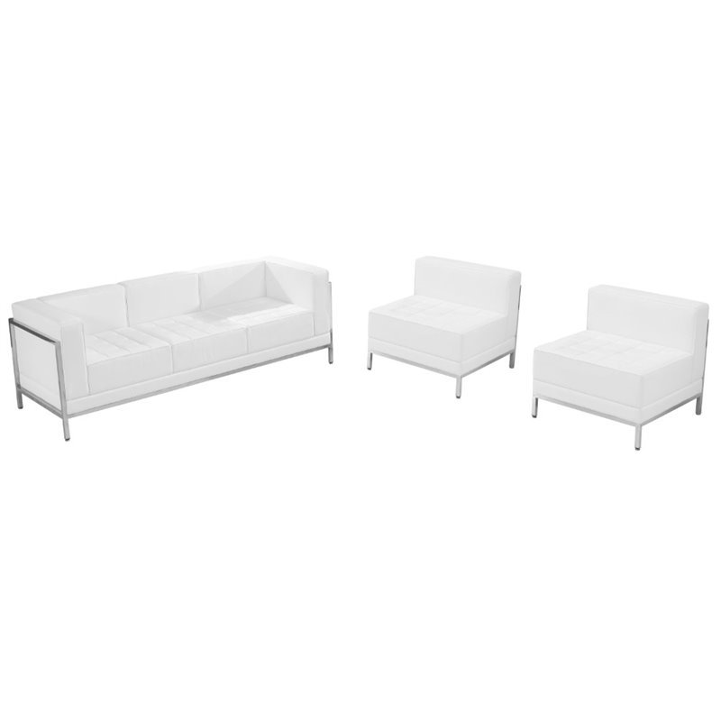 Bowery Hill 3 Piece Leather Reception Sofa Set in White