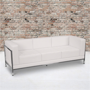 Bowery Hill Leather Upholstered Straight Arm Reception Sofa in White