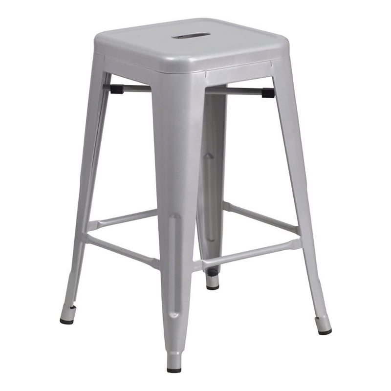 Bowery Hill 24'' Industrial Steel Metal Backless Counter Stool in Silver