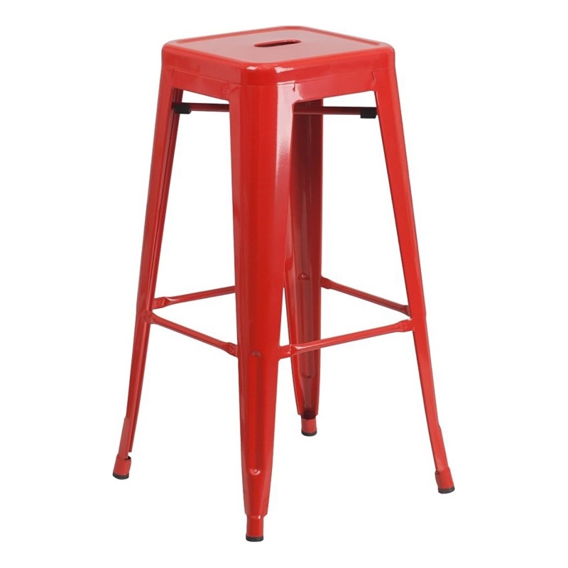 Bowery Hill Metal Bar Stool Chair in Red With Square Seat & Footrest