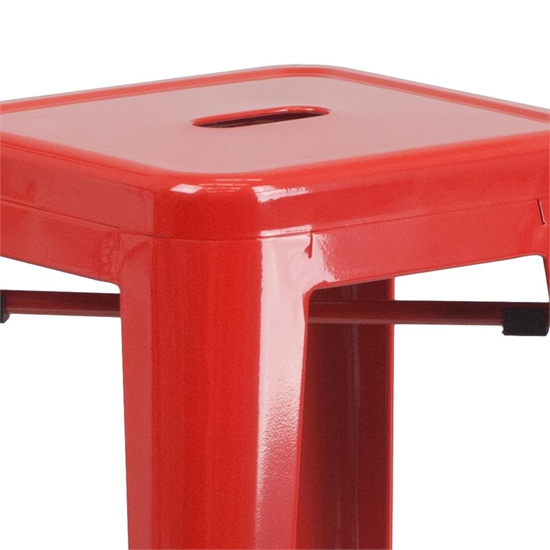 Bowery Hill Metal Bar Stool Chair in Red With Square Seat & Footrest