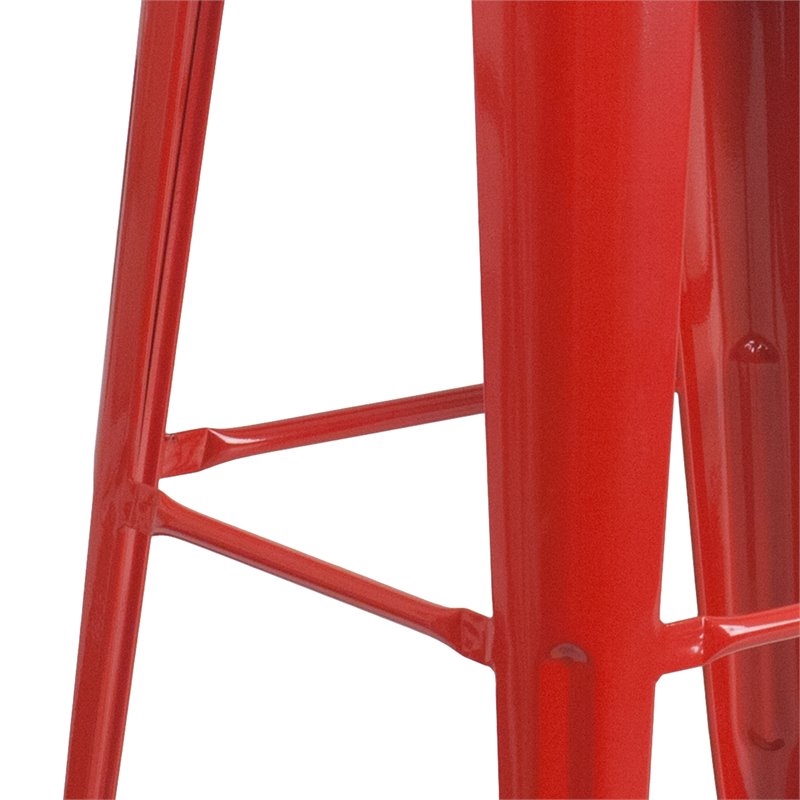 Bowery Hill Metal Bar Stool Chair in Red With Square Seat & Footrest