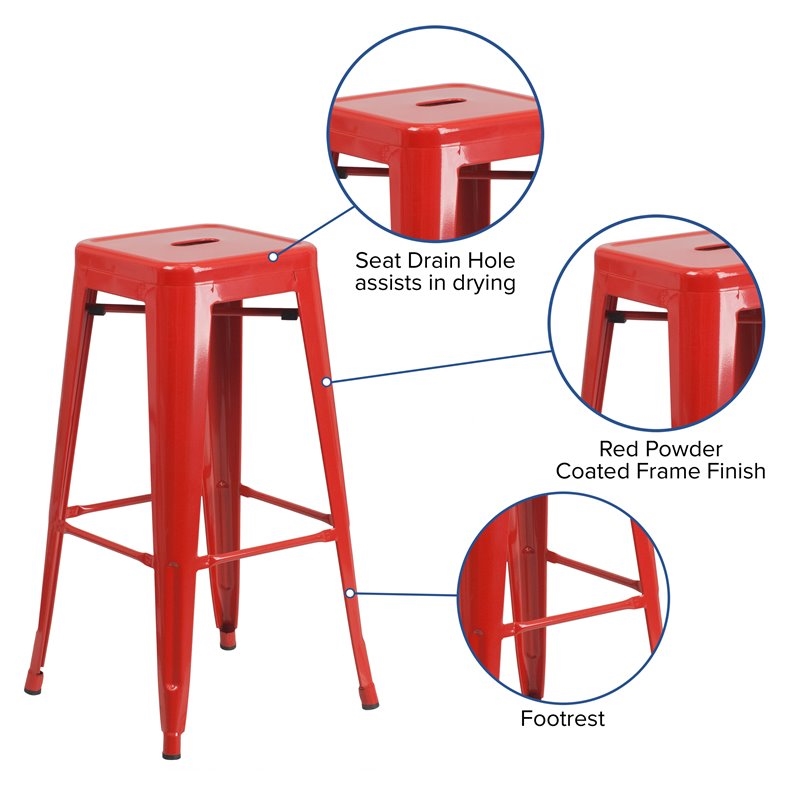 Bowery Hill Metal Bar Stool Chair in Red With Square Seat & Footrest