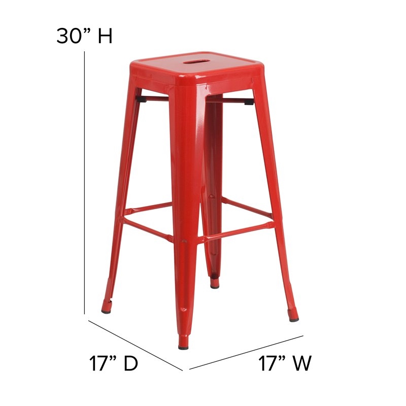 Bowery Hill Metal Bar Stool Chair in Red With Square Seat & Footrest