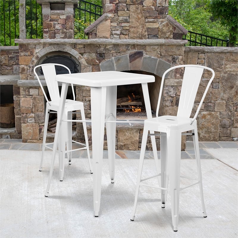 Bowery Hill Metal 3 Piece Bar Table Set in White