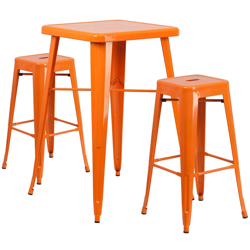 Bowery Hill 3 Piece Galvanized Steel Metal/Rubber Bar Table Set in Orange