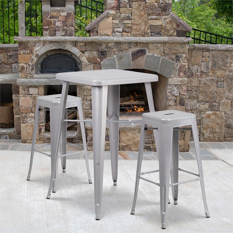 Bowery Hill Metal 3 Piece Bar Table Set in Silver