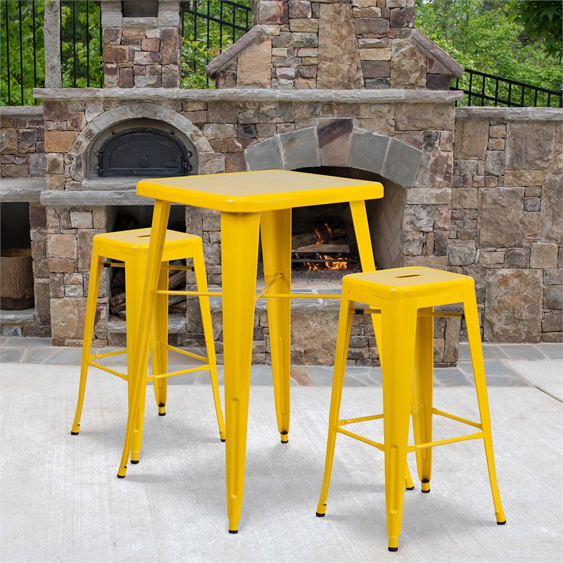Bowery Hill Metal 3 Piece Bar Table Set in Yellow