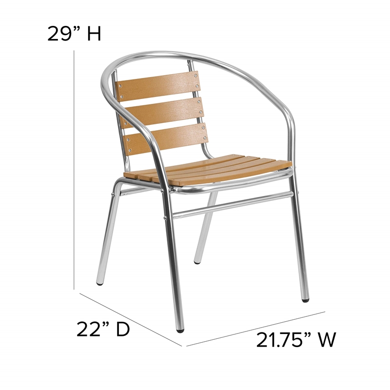Bowery Hill Aluminum Stack Chair with Slat Teak Back in Silver/Brown