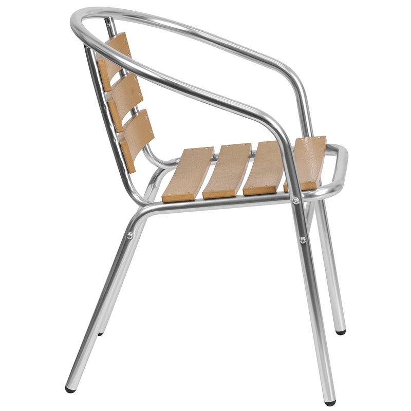 Bowery Hill Aluminum Stack Chair with Slat Teak Back in Silver/Brown