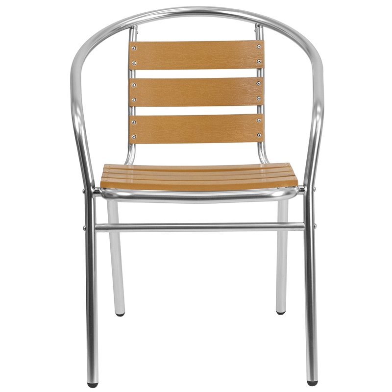 Bowery Hill Aluminum Stack Chair with Slat Teak Back in Silver/Brown