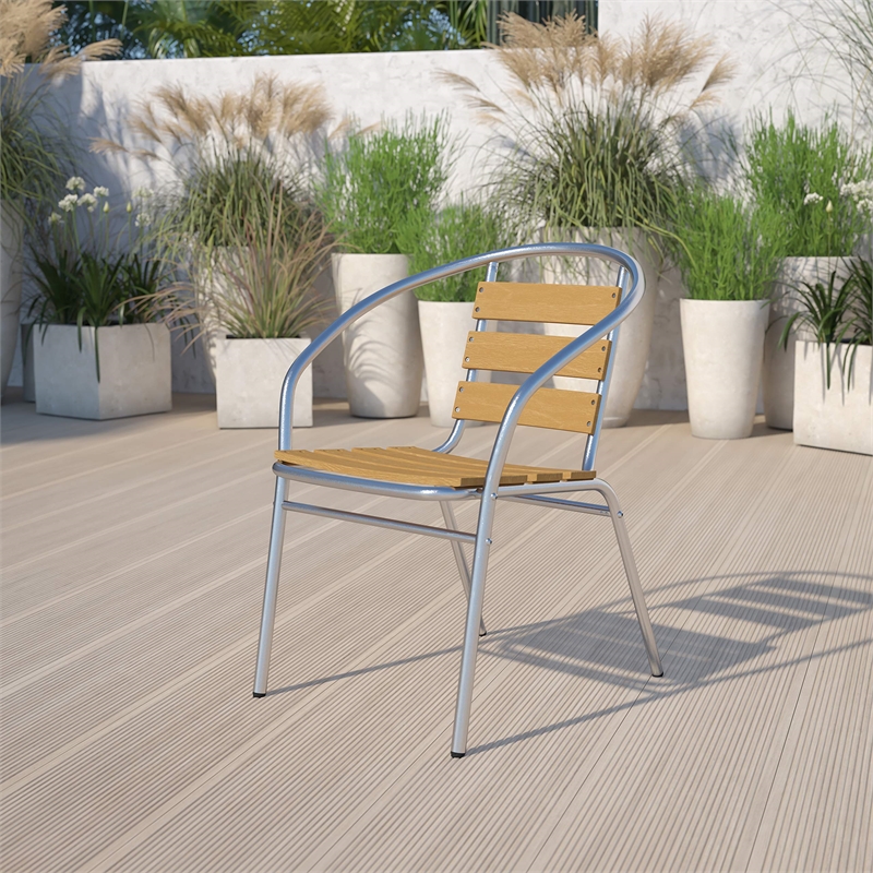 Bowery Hill Aluminum Stack Chair with Slat Teak Back in Silver/Brown
