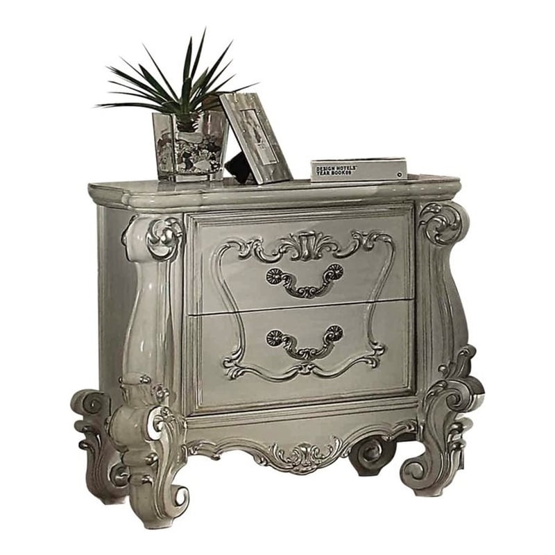 Bowery Hill 2 Drawer Nightstand with Scrolled Leg in Bone White Wood