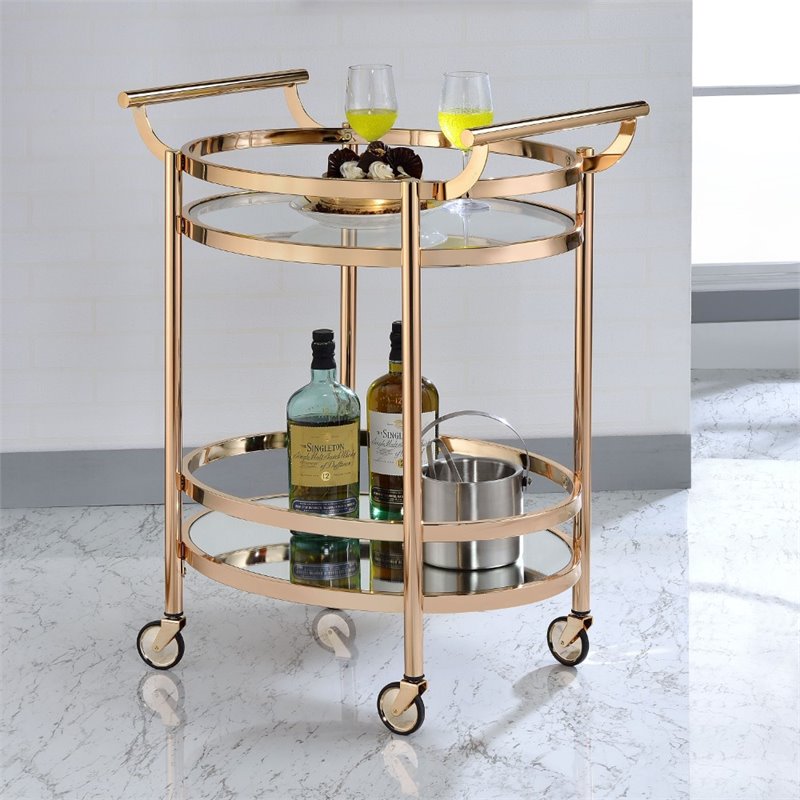 Bowery Hill Glass/Metal Frame & Handles Serving Cart in Clear/Rose Gold