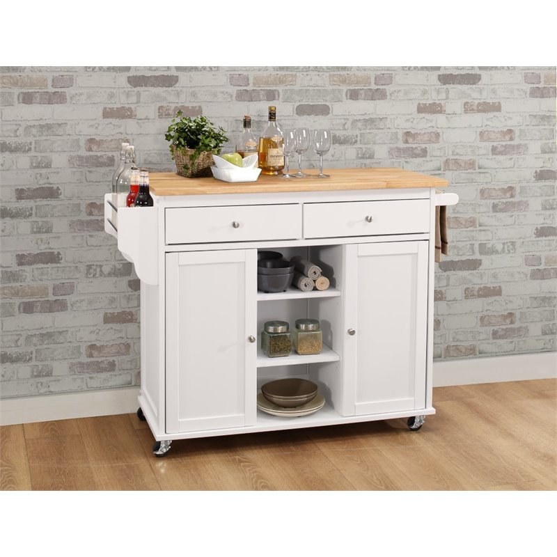 Bowery Hill Traditional Wood Mobile Kitchen Island in Natural/White