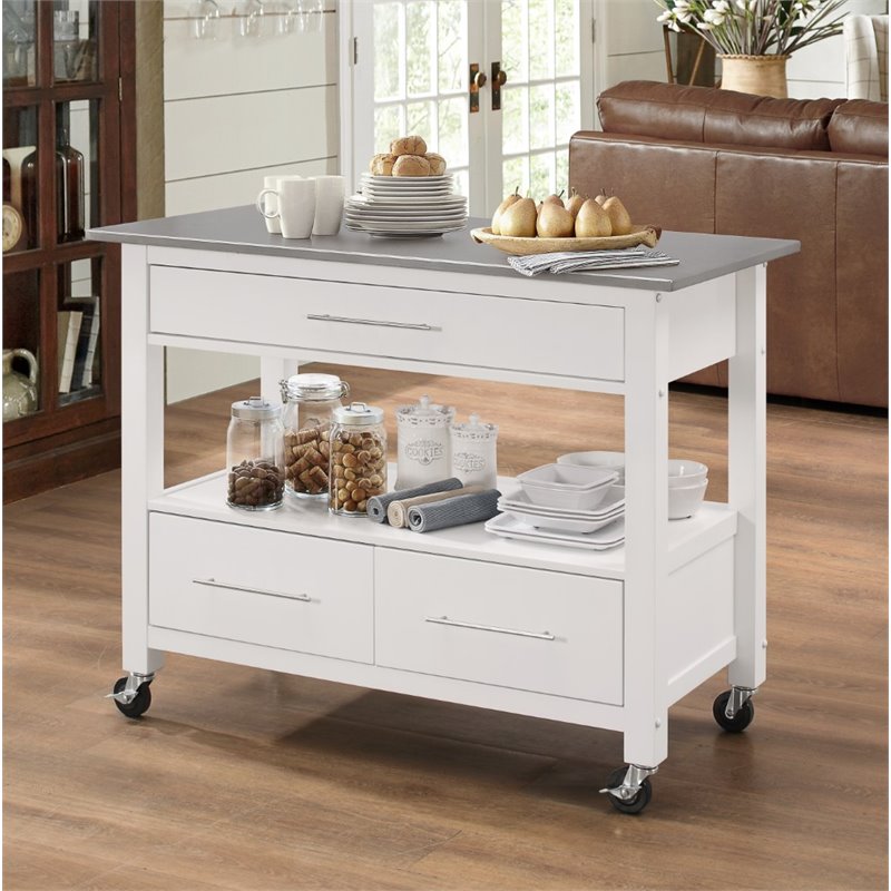 Bowery Hill Contemporary Wood/Stainless Steel Kitchen Island in White