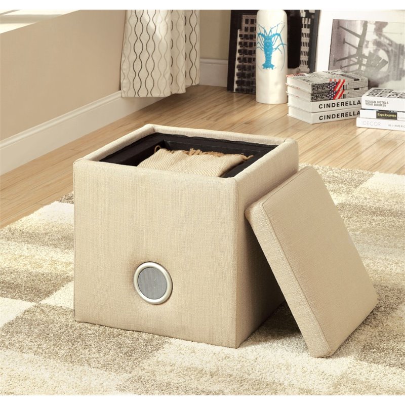 Bowery Hill Fabric Square Ottoman with Bluetooth Speaker in Ivory