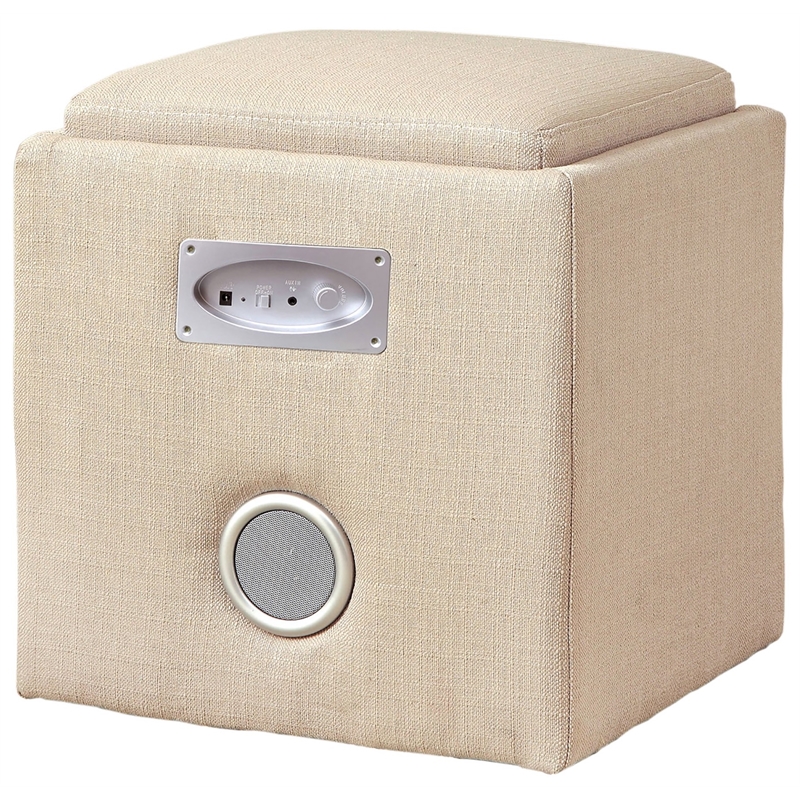 Bowery Hill Fabric Square Ottoman with Bluetooth Speaker in Ivory