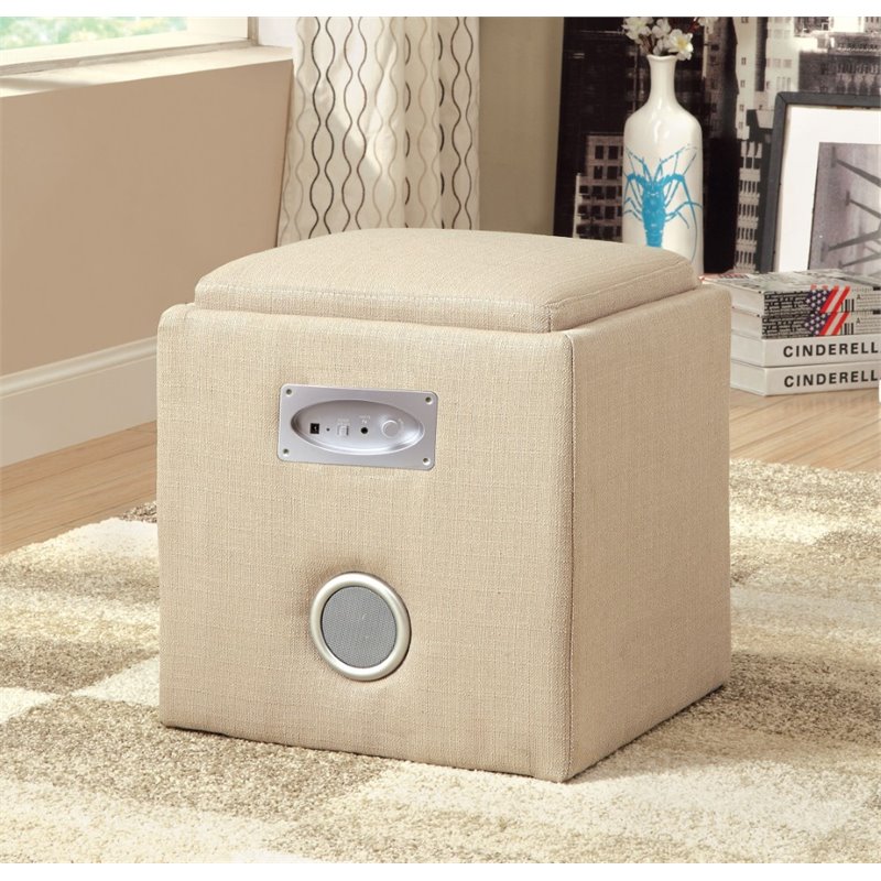 Bowery Hill Fabric Square Ottoman with Bluetooth Speaker in Ivory
