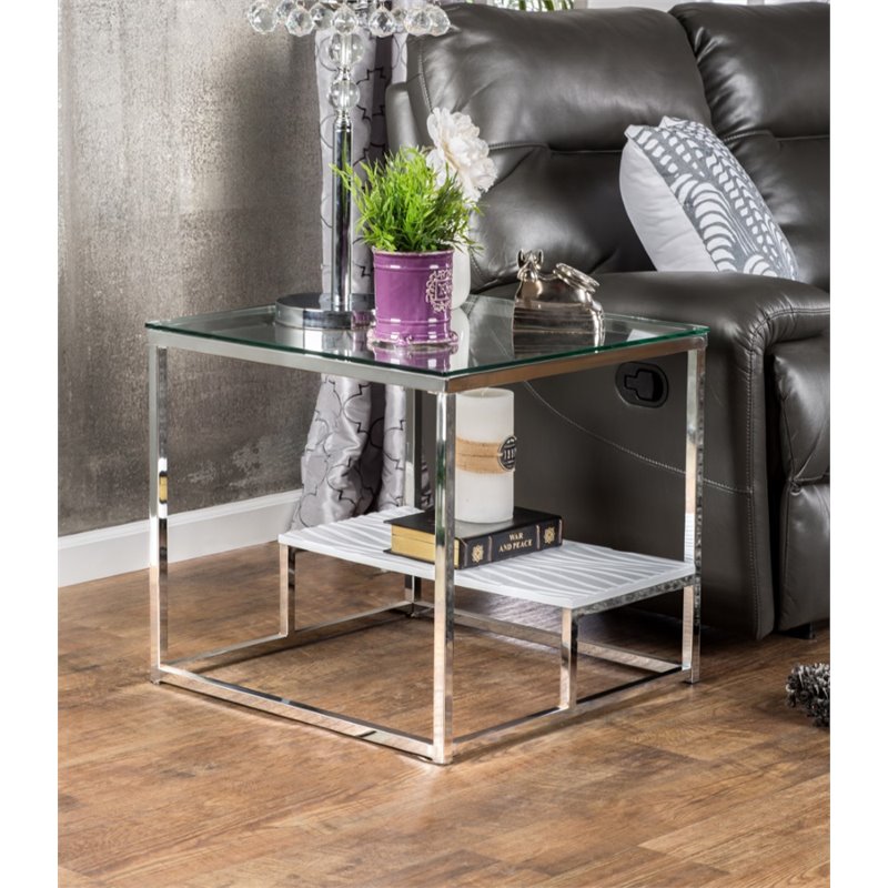 Bowery Hill Square Glass Top End Table in White BH1453323