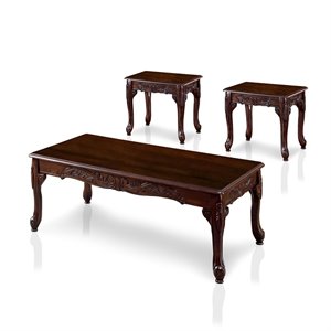 bowery hill traditional 3 piece solid wood coffee table set in dark cherry