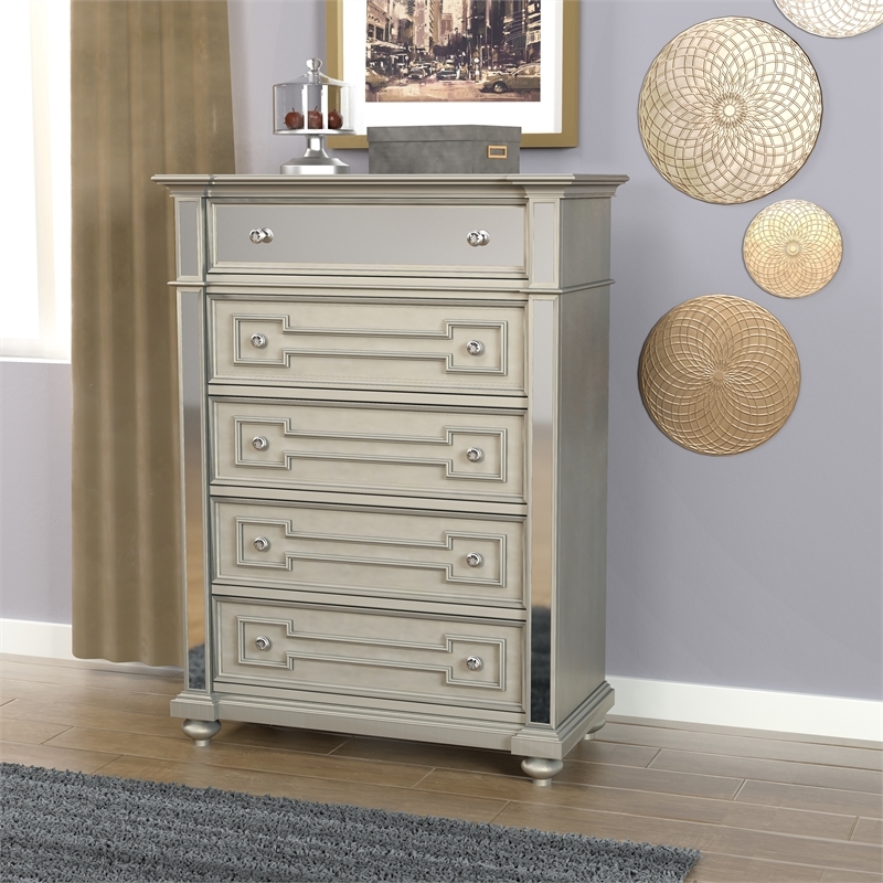 Bowery Hill 5 Drawers Transitional Solid Wood Chest in Silver