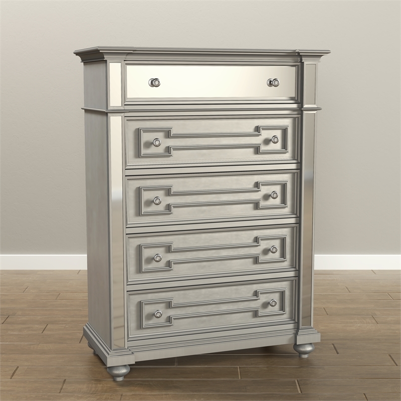 Bowery Hill 5 Drawers Transitional Solid Wood Chest in Silver