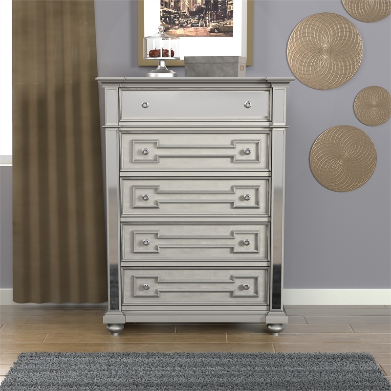 Bowery Hill 5 Drawers Transitional Solid Wood Chest in Silver