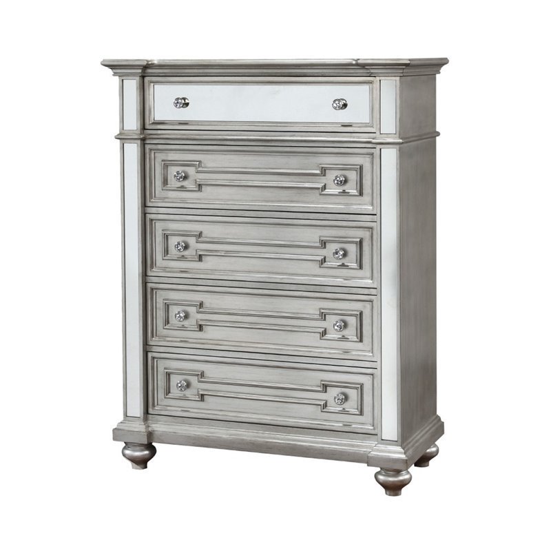 Bowery Hill 5 Drawer Mirrored Chest In Silver Bowery Hill 5 Drawer Mirrored Chest In Silver