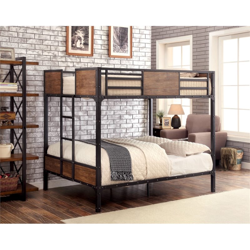 Bowery Hill Modern Steel Metal/Wood Full Over Full Bunk Bed in Black