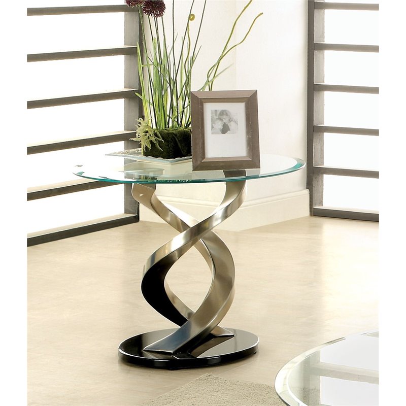 Bowery Hill Round Glass Top End Table in Satin 680270538108 eBay