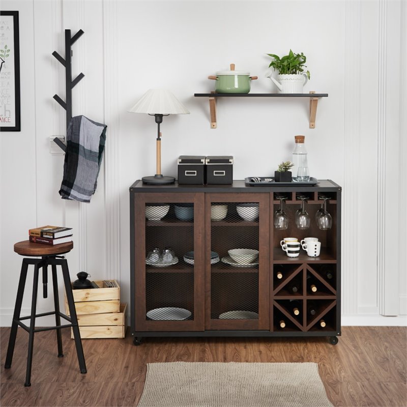 Bowery Hill Wine Rack Buffet with Casters in Walnut