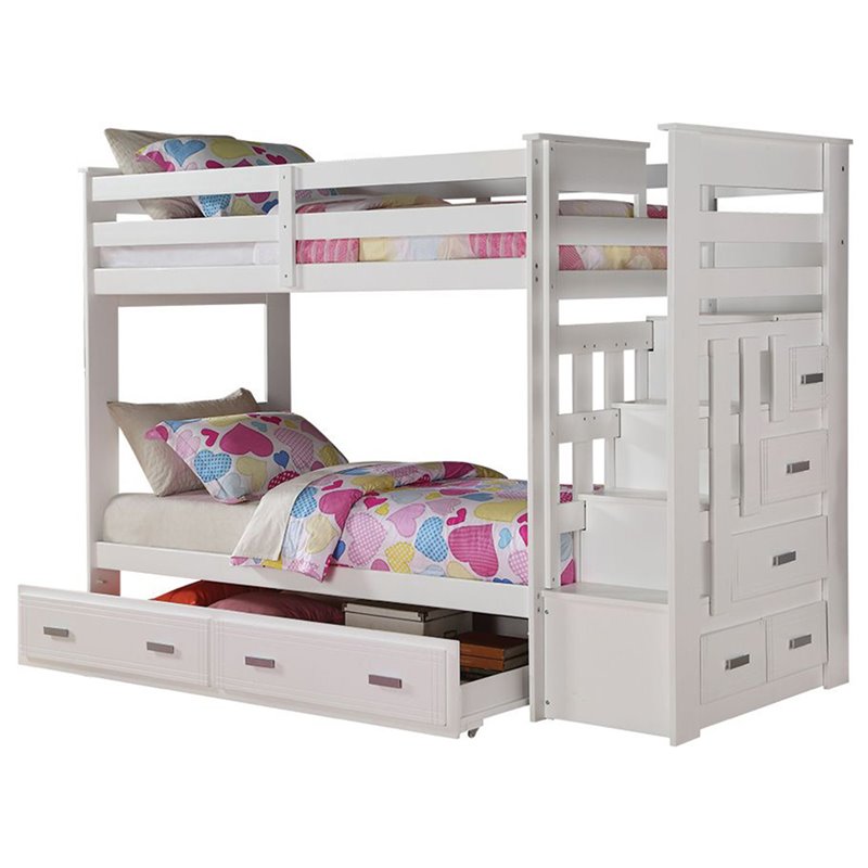 Bowery Hill Twin Over Twin Storage Bunk Bed With Trundle In White