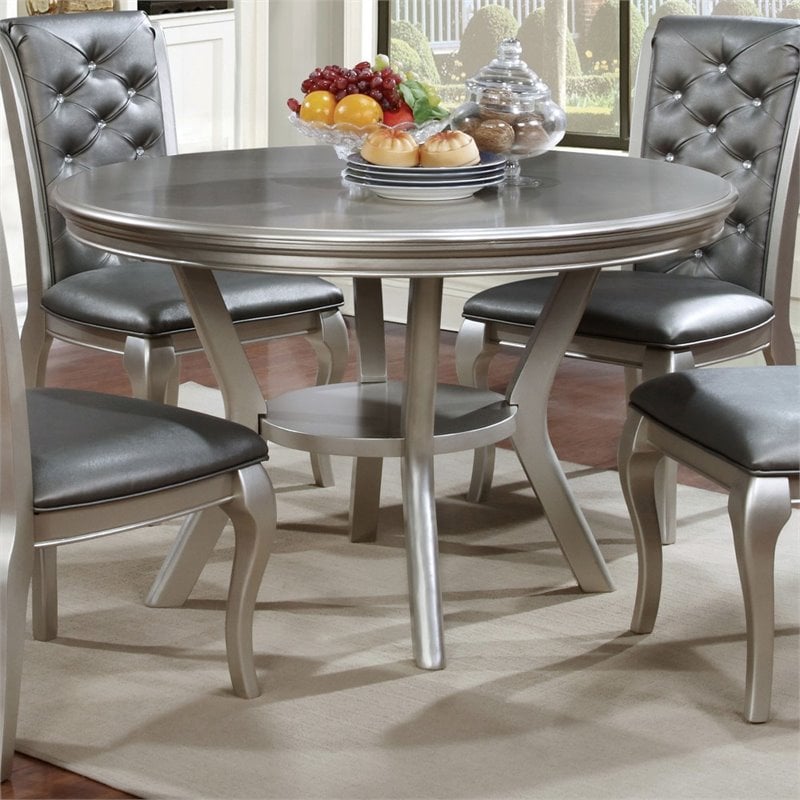 Bowery Hill Transitional Round Wood Dining Table in Silver
