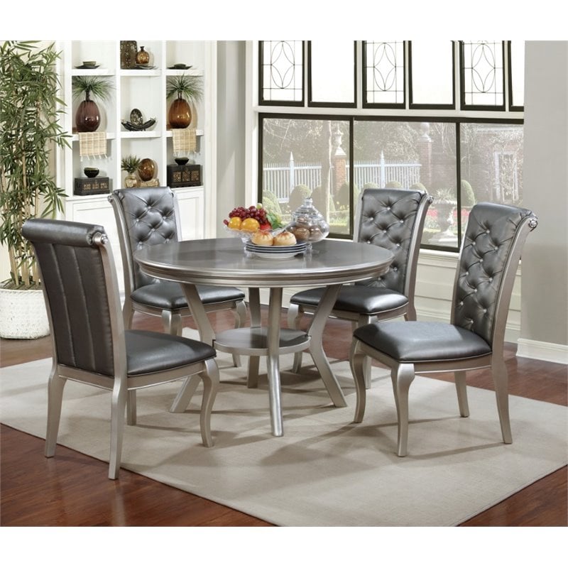 Bowery Hill Transitional Round Wood Dining Table in Silver
