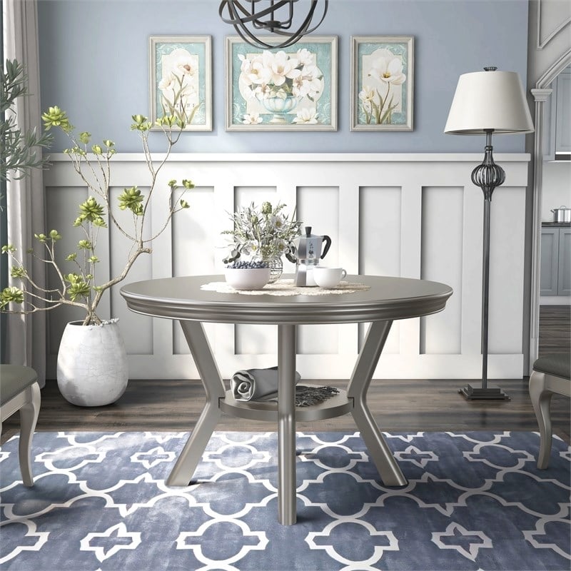 Bowery Hill Transitional Round Wood Dining Table in Silver
