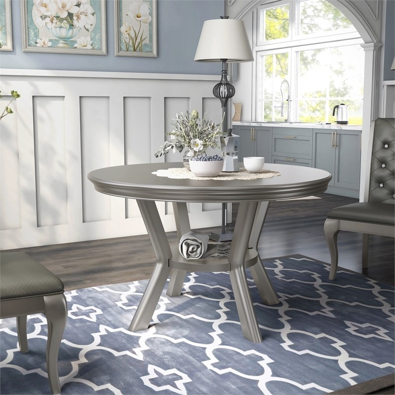 Bowery Hill Transitional Round Wood Dining Table in Silver